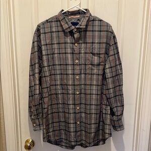 Tommy Bahama men’s 100% cotton, extra large, gray blue orange plaid shirt